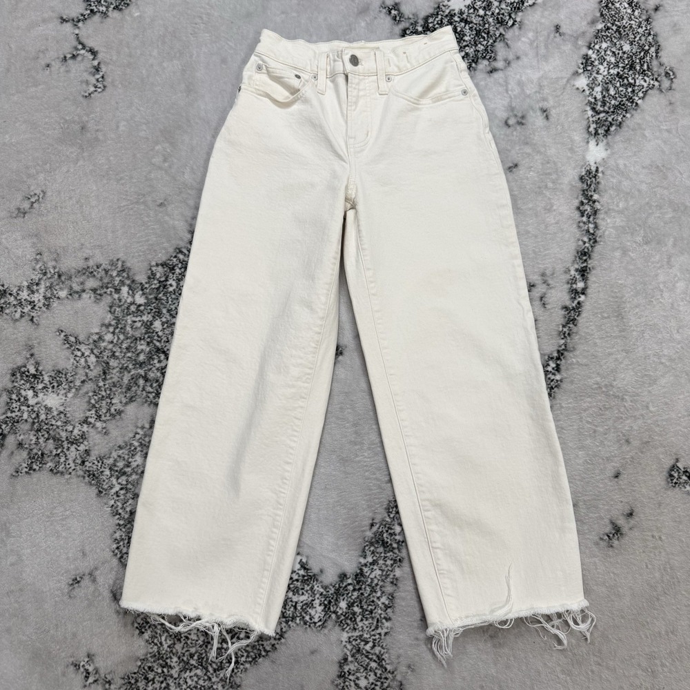 Madewell The Perfect Vintage Wide Leg Crop Jeans Womens 24P Ecru White Raw Hem